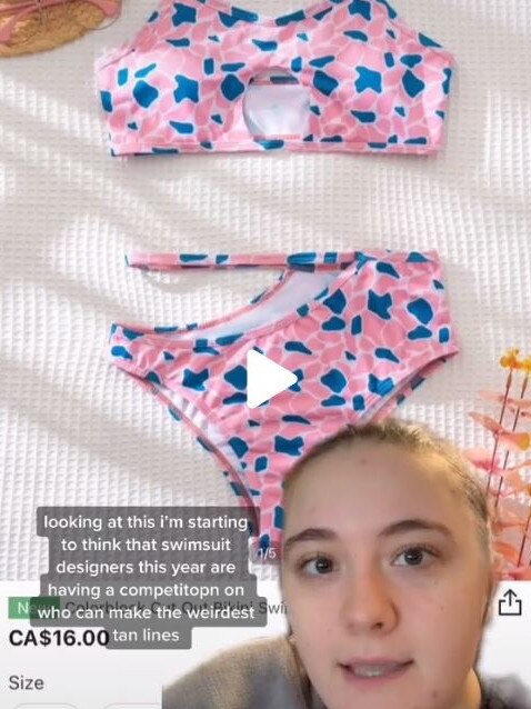 A 21-year-old has gone viral for roasting a series of ‘ridiculous’ bikinis from e-tailer Shein. Picture: TikTok/@kirburb