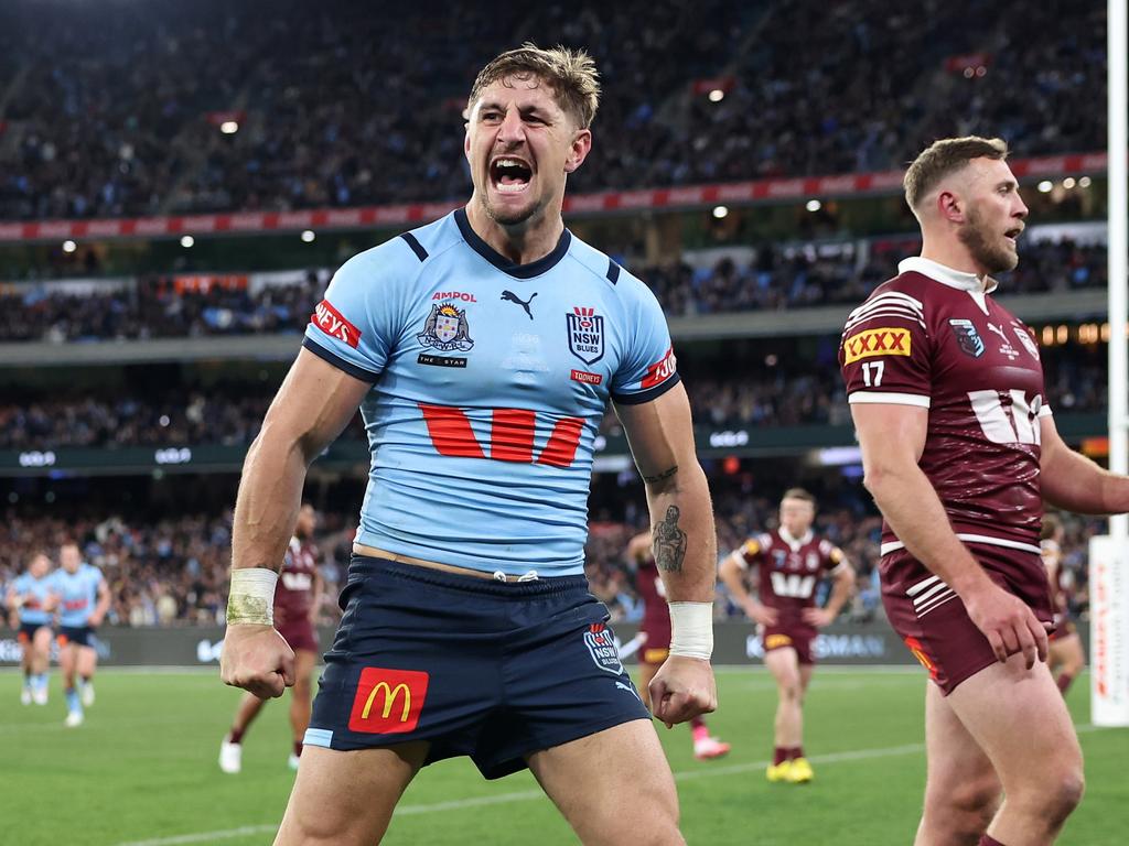 Zac Lomax of the Blues celebrates after scoring a try. Picture: Getty Images