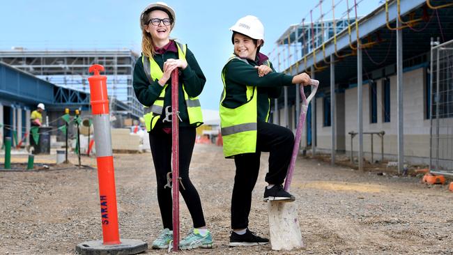 Sam and Chad inspect the building site of their new classrooms in Aldinga. Picture: Tricia Watkinson