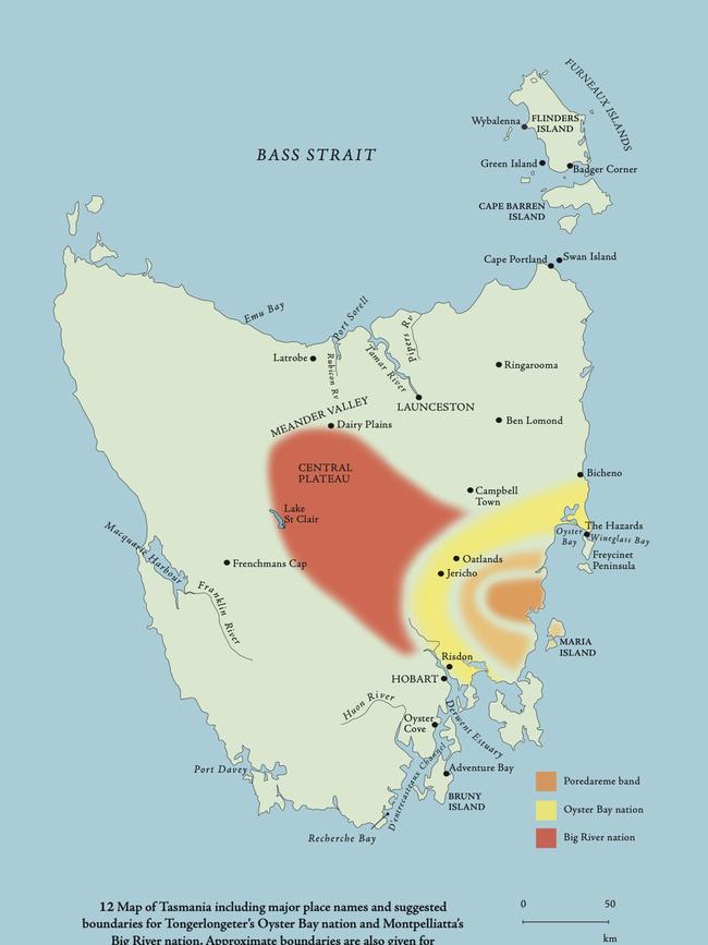 Approximate boundaries for Tongerlongeter’s Oyster Bay nation and Montpelliatta’s Big River nation, as well as the approximate boundaries for Tongerlongeter’s band, the Poredareme, which, from attrition, probably ceased to exist as an independent entity after about 1827.