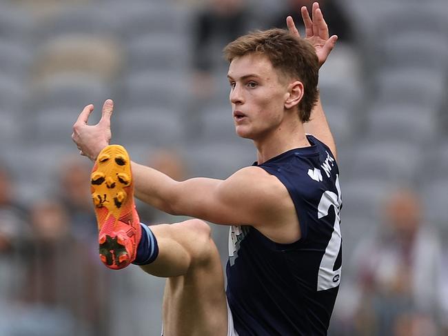 PERTH, AUSTRALIA - JUNE 23: Luke Trainor of Victoria Metro in action during the Marsh AFL National Championships match between U18 Boys Western Australia and Victoria Metro at Optus Stadium on June 23, 2024 in Perth, Australia. (Photo by Paul Kane/AFL Photos/via Getty Images)