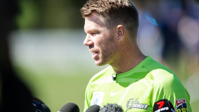 Sydney Thunder signing David Warner speaks to the media. Picture: Ian Bird/CNSW