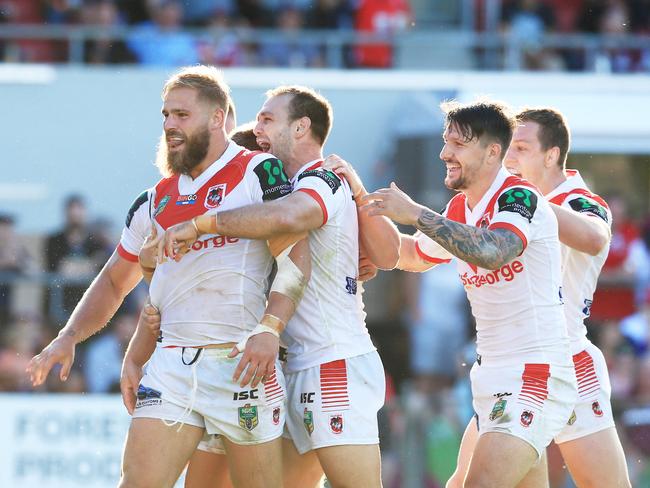 Jack De Belin celebrates a try during St George Illawarra’s win over Manly at Brookvale. Picture: Mark Evans