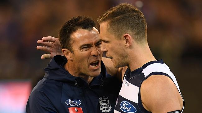 Chris Scott (left) and captain Joel Selwood during the elimination final loss to Melbourne. Pic: AAP