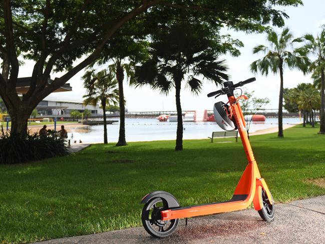 A Neuron Scooter waits for a rider at the Darwin Waterfront during the 12 month trial.Picture: Che Chorley