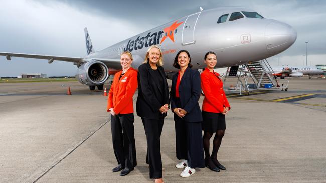 Queensland Airports Limited CEO Amelia Evans, second from right, with Jetstar Group CEO Stephanie Tully, second from left, and Jetstar crew members Kerry Balsdon and Kristy Marshall at the Gold Coast Airport. Picture: Jetstar