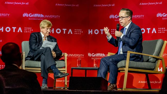 Qantas CEO Alan Joyce speaking at Griffith's inaugural ‘A Better Future for All’ conversation series with Kerry O'Brien at HOTA.