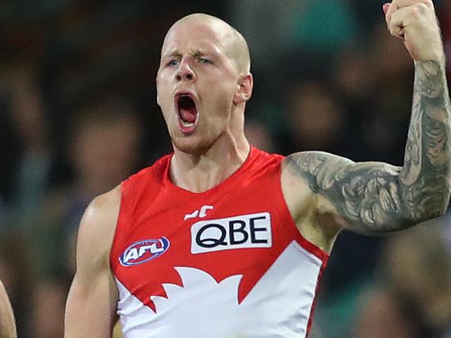 Sydney's Zak Jones celebrates kicking a goal  during AFL match Sydney Swans v North Melbourne Kangaroos at the SCG. Picture. Phil Hillyard