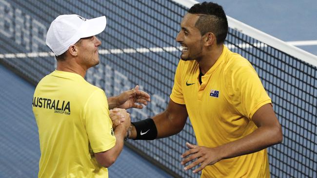 Lleyton Hewitt says Nick Kyrgios doesn’t need a full-time tennis coach to be successful. Picture: AAP