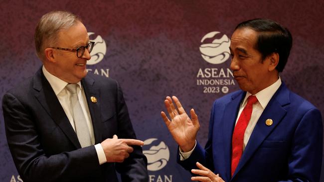 Anthony Albanese jokes with Indonesian President Joko Widodo in Jakarta on Thursday. Picture: Reuters