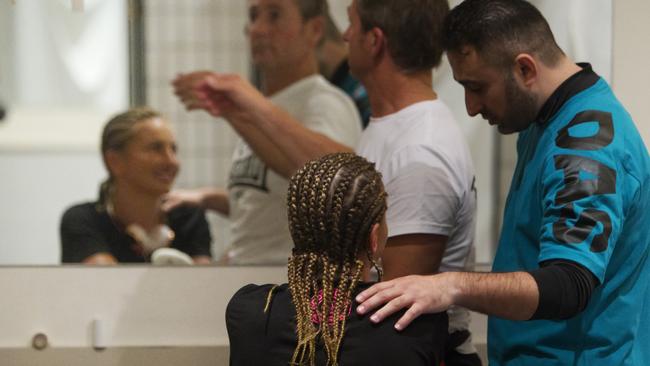 Eagle with head trainer Billy Hussein before her title fight. Pic Jenny Evans