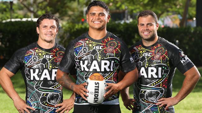 James Roberts, Mitchell and Wade Graham with the All-Stars jersey. Photo: Glenn Hampson