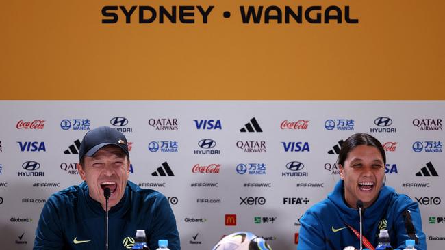 Matildas coach Tony Gustavsson and captain and Sam Kerr are excited about Australia’s game against Ireland. Picture: FRANCK FIFE / AFP