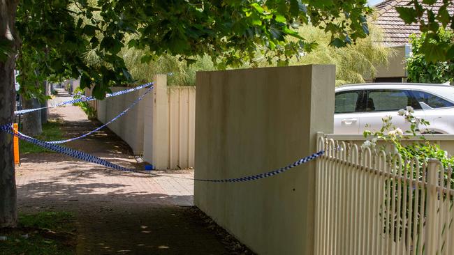 Police at the scene of the suspected murder-suicide in Glenelg North. Picture: Ben Clark