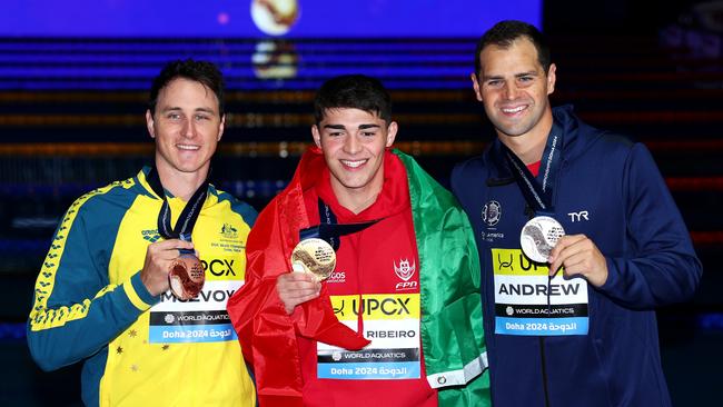 Cameron McEvoy on the podium in Doha earlier this week after winning a bronze medal n the 50m butterfly. Photo: Getty Images