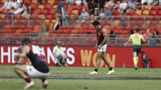 Essendon recruit Dylan Shiel shows his disappointment after Greater Western Sydney monstered the Bombers. Picture: Photo by Ryan Pierse/Getty Images