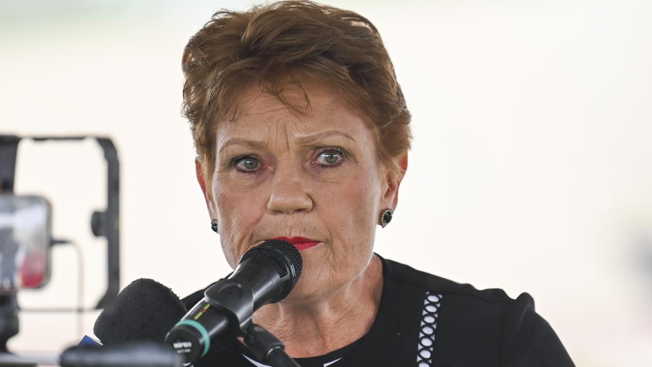 Senator Pauline Hanson spoke at the anti-transgender rally. Picture: NCA NewsWire / Martin Ollman