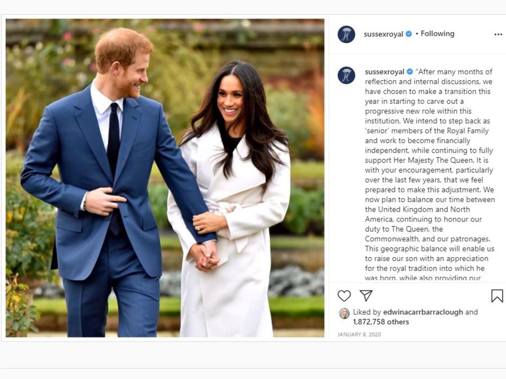 Meghan and Harry's Instagram post to announce they're stepping back from royal duties.