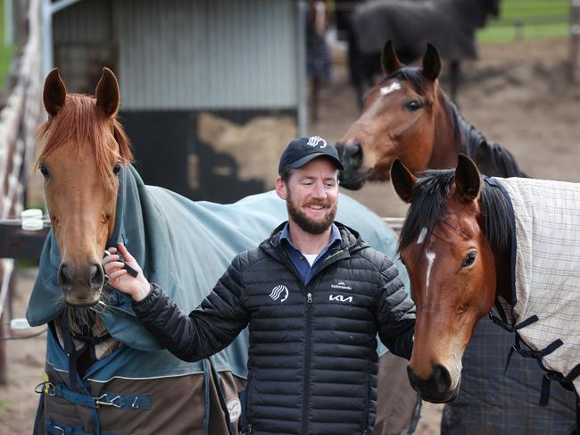 Trainer Ciaron Maher with racehorses Wahine Toa and Maid of Iron at his Fingal property. Picture: David Caird