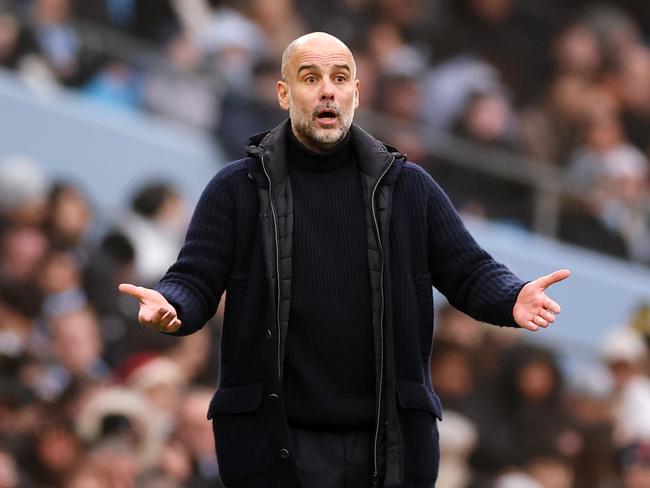 MANCHESTER, ENGLAND - DECEMBER 26: Pep Guardiola, Manager of Manchester City, reacts during the Premier League match between Manchester City FC and Everton FC at Etihad Stadium on December 26, 2024 in Manchester, England. (Photo by Carl Recine/Getty Images)