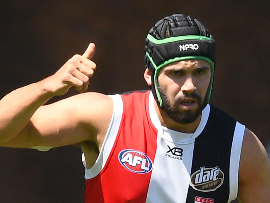 MELBOURNE, AUSTRALIA - MARCH 02: Paddy McCartin of the Saints celebrates kicking a goal during the 2019 JLT Community Series AFL match between the North Melbourne Kangaroos and the St Kilda Saints at Avalon Airport Oval on March 02, 2019 in Melbourne, Australia. (Photo by Quinn Rooney/Getty Images)