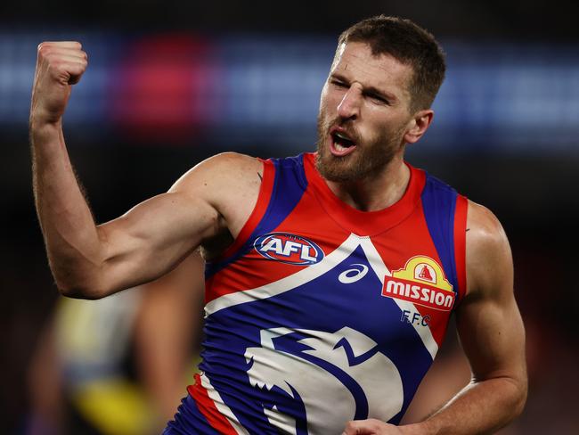 MELBOURNE, AUSTRALIA - August 4, 2023. AFL .        Bulldog Marcus Bontempelli celebrates a 3rd quarter goal during the round 21 match between the Western Bulldogs and Richmond at Marvel Stadium in Melbourne.   Photo by Michael Klein.