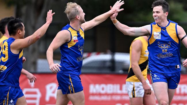 Noble ParkÃs Jack Francis ,right celebrates a goal during the EFL Premier Division football match between Noble Park and Balwyn in Noble Park, Saturday, June 11, 2022. Picture: Andy Brownbill