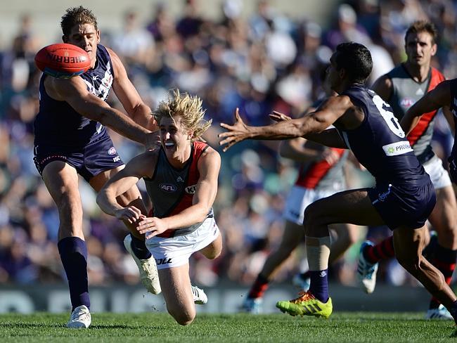 True intent ... Aaron Sandilands was fierce against the Bombers.