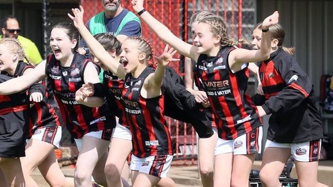 Plympton girls celebrate after a big finals win. Picture: SANFL