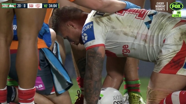 Sims bled from his lip following the a head clash early in the second half of the Dragons’ loss to South Sydney. Image: Fox Sports