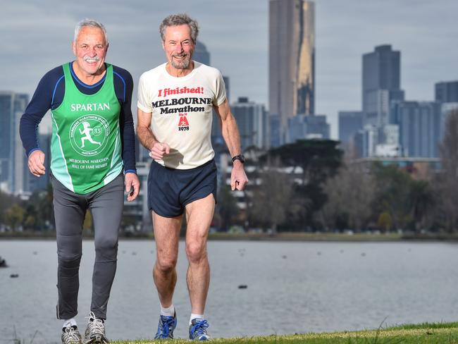 Dennis Nish and Jim Hopkins participated in the very first Melbourne Marathon in 1978 and will be taking part in the 40th edition of the event on October 15. Picture: Tony Gough