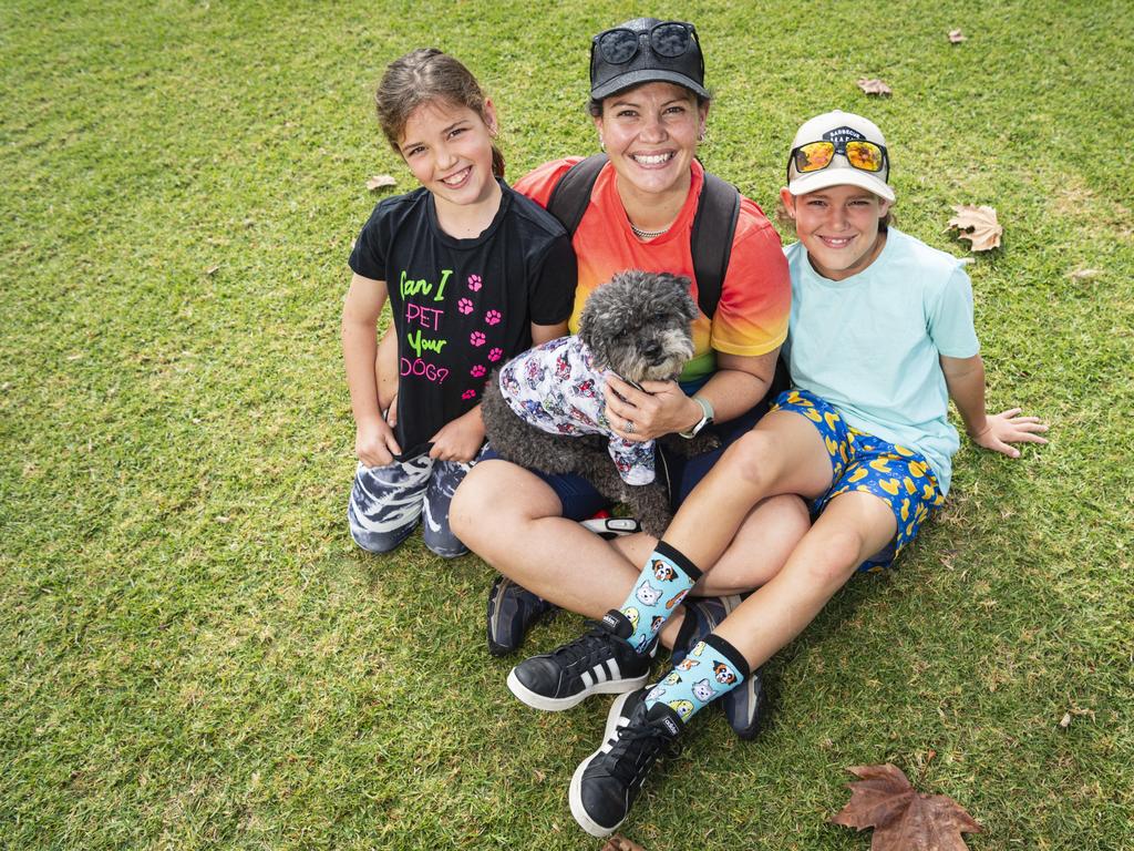 Ready to walk with Reagan are (from left) Lara, Leisa and Nixon Burrows at Toowoomba's Million Paws Walk at Queens Park, Friday, May 24, 2024. Picture: Kevin Farmer