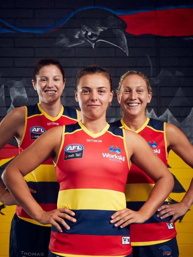 They fly as one: Jessica Foley, Ebony Marinoff and Marijana Rajcic ahead of the AFLW season in January, 2019. Picture: MATT LOXTON