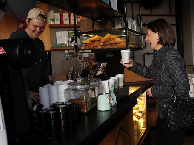 NSW Premier Gladys Berejiklian gets her morning coffee from her local cafe in Northbride in SydneyÕs north on Friday, 1May 2020. From today some COVID-19 restrictions in NSW will be eased. Picture: Nikki Short