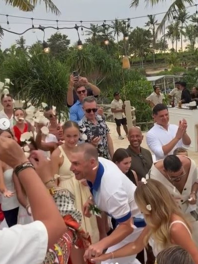 Simon Goodwin marries Kristine Brooks at a ceremony at Suku Beach Club in Bali. Picture: @thommo_8888 / Instagram