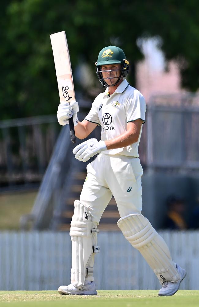 Nathan McSweeney celebrates his half century for Australia A during their chase against India A. Picture: Albert Perez/Getty Images.