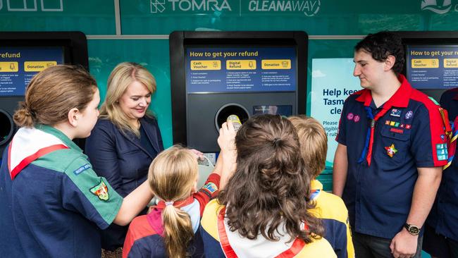 Madeleine Ogilvie, Minister for the Environment with Scouts Tasmania at a South Hobart Recycle Rewards deposit point. Picture: supplied