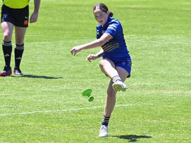 Alleya Scrivens kicks for goal. Picture: Martin Ollman. NSWRL Junior Reps 2025 Round 1. Tarsha Gale Cup - Canberra Raiders vs Parramatta Eels at Belconnen, 1 February 2025