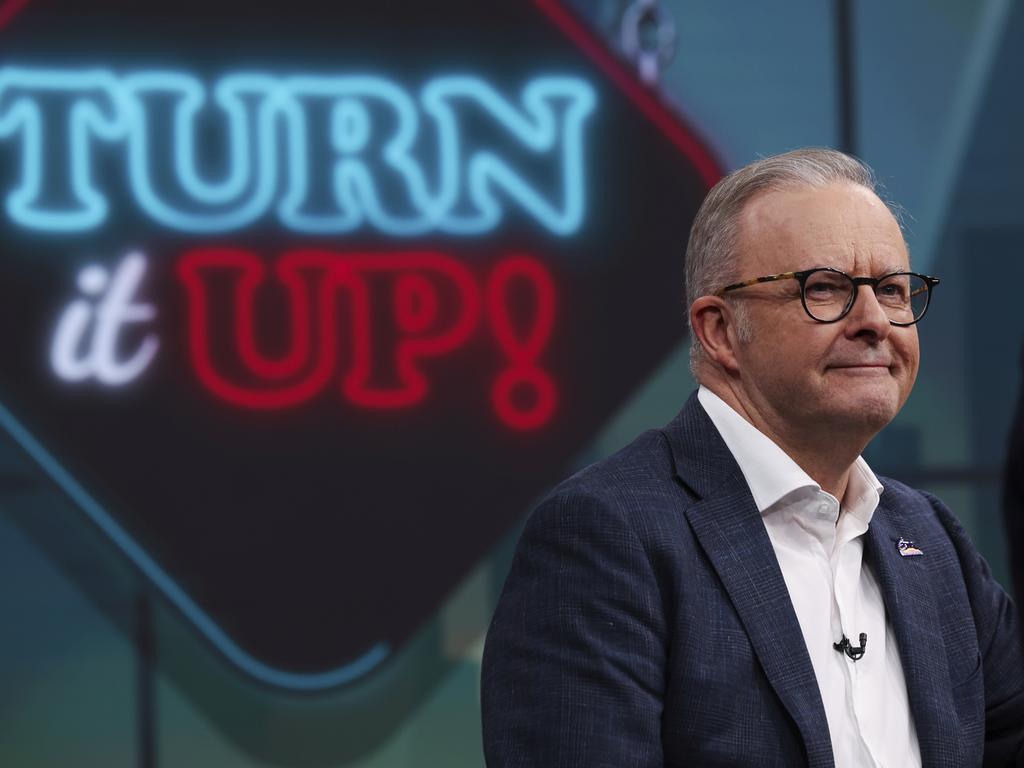 Prime Minister Anthony Albanese on the Turn It Up! segment during an appearance as a guest on the Sunday Footy Show at the Nine studio in Sydney. Picture: NewsWire via POOL / Alex Ellinghausen