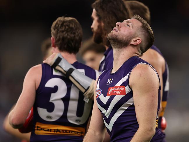 PERTH, AUSTRALIA - AUGUST 25: Luke Ryan of the Dockers reacts after being defeated during the round 24 AFL match between Fremantle Dockers and Port Adelaide Power at Optus Stadium, on August 25, 2024, in Perth, Australia. (Photo by Paul Kane/Getty Images)