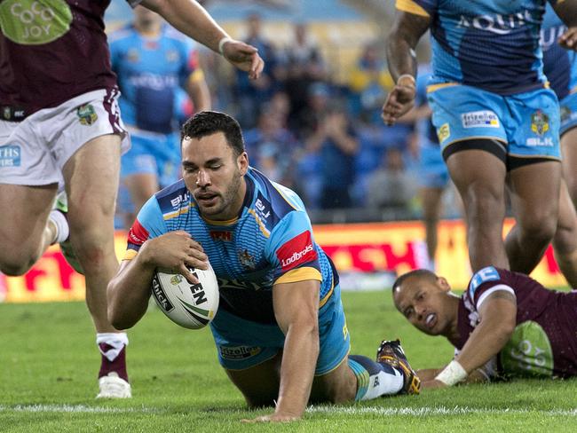 Ryan James crossing for yet another try against the Manly Sea Eagles. Picture: AAP