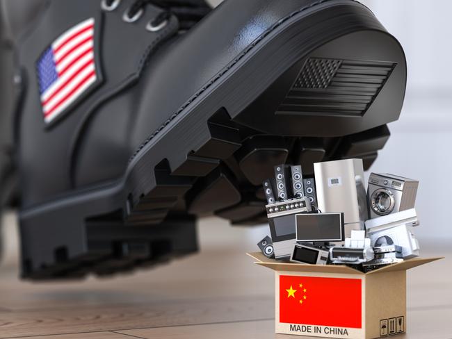 USA China technology war and market conflict. Economic trade war concept. Cardbox with appliance made in China and american military boot above it. 3d illustration