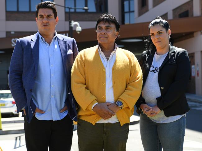 Trent, Bert and Cassandra Vieira speak to the media outside St. George Public Hospital, where Gai Vieira is in critical condition. Picture: AAP