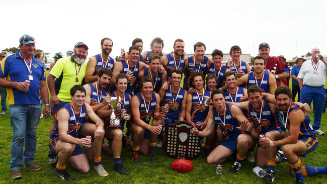 United Yeelanna A Grade Premiership Team Back Row: Paul Martin (team manager) Josh Hancock (runner), Aaron Lawrie, Zac Glover, Kerren Hall, Daniel Havelberg, Jason Ridley, Riley Doolan, Mitch Jolly, Corey Murnane (coach), Greg Hurrell (trainer) Middle Row; Brock Jolly, Michael Crettenden, Brayden Martin, Aaron Watson, Ben Carr Front Row: Bryce Breed,(vice captain) Jaxen Norton, Matt Dyer, Xavier Watson, Casey Carr, (captain), Adam Murnane, Stephen Crettenden, Matthew Crettenden, Ricky Skinner. Picture: Dianne Watson