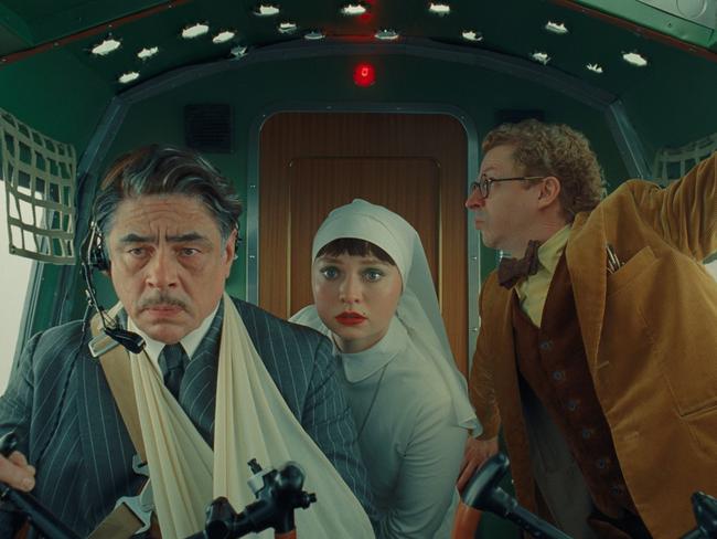 Del Toro, Threapleton and Cera in The Phoenician Scheme. Picture: Universal