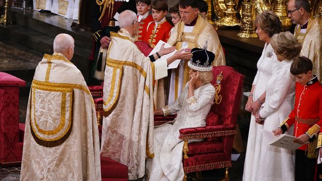 Camilla is crowned with Queen Mary's crown by The Archbishop of Canterbury. Picture: WPA Pool/Getty Images