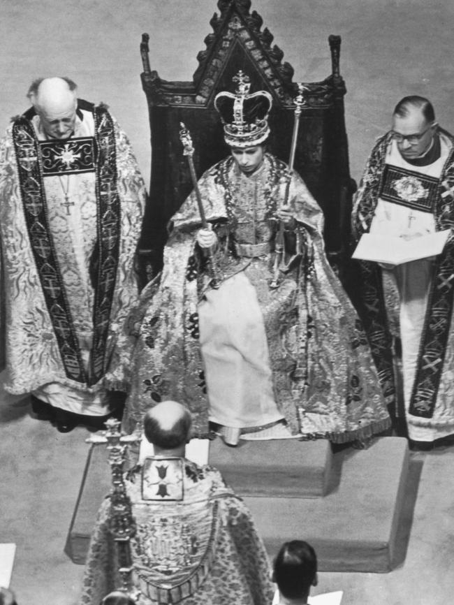 The Queen’s Coronation came a full 16 months after Elizabeth succeeded to the throne on the death of King George VI. Queen Elizabeth II was crowned in Westminster Abbey in front of 8251 guests. Picture: Hulton Archive/Getty