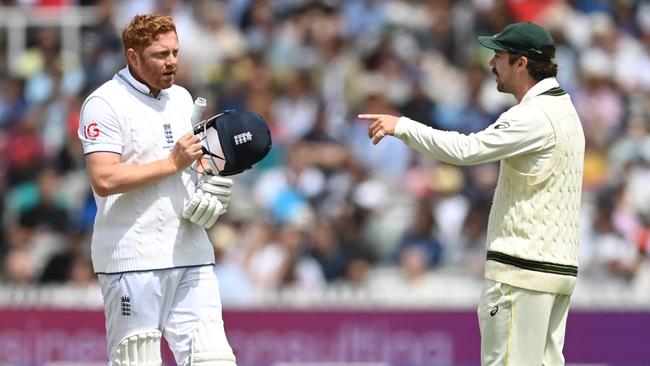 Jonny Bairstow and Travis Head exchange words after the incident. Picture: Getty Images