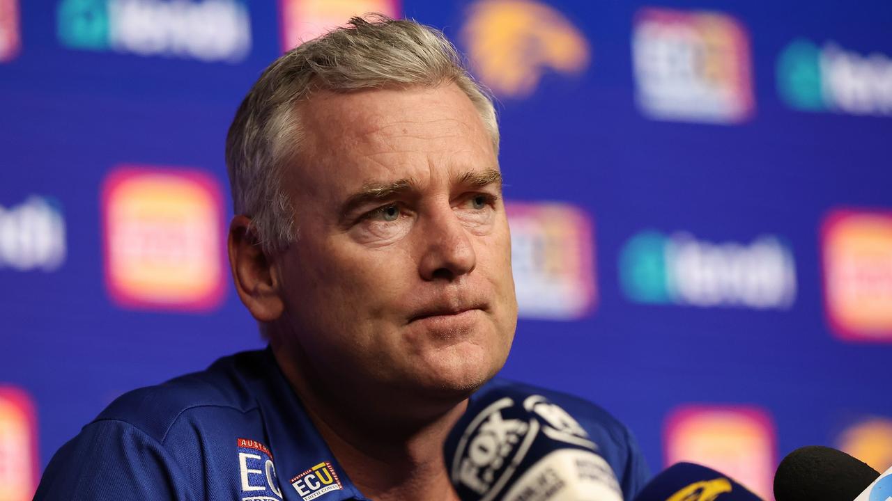 PERTH, AUSTRALIA - JULY 14: West Coast Eagles AFL head coach Adam Simpson speaks to the media during a press conference at Mineral Resources Park on July 14, 2022 in Perth, Australia. (Photo by Paul Kane/Getty Images)