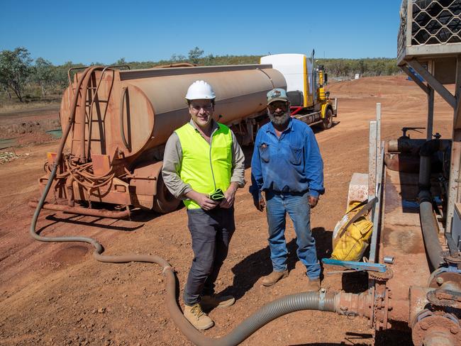 Empire Energy managing director Alex Underwood with local contractor Les Rice at the company's Carpentaria-2H onshore gas well drill site in the NT.